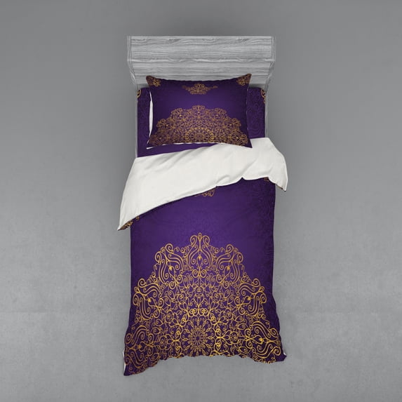 Ambesonne Mandala Bedding Set 3 Pcs, Ornate Swirl Motif, Twin XL, Purple Yellow