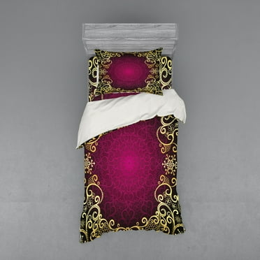 Ambesonne Mandala Bedding Set 3 Pcs, Purple Frame Curls, Twin XL, Pale Yellow Fuchsia