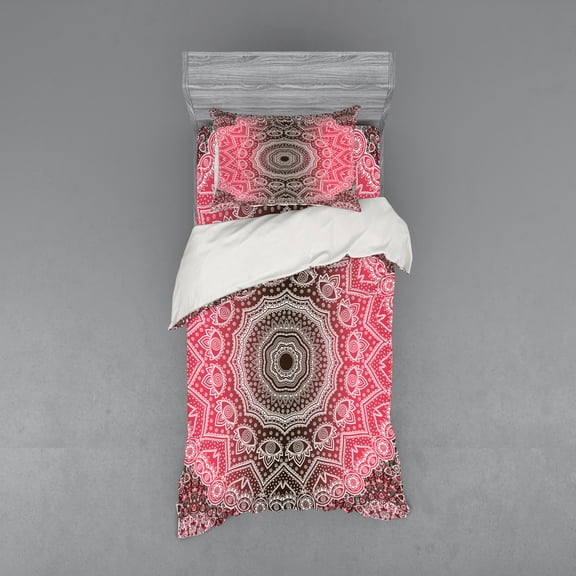 Ambesonne Mandala Bedding Set 3 Pcs, Retro Bohemian Ombre, Twin XL, Hot Pink and Brown
