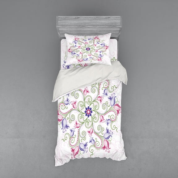 Ambesonne Mandala Bedding Set 3 Pcs, Round Flower Frame, Twin, Purple White Green
