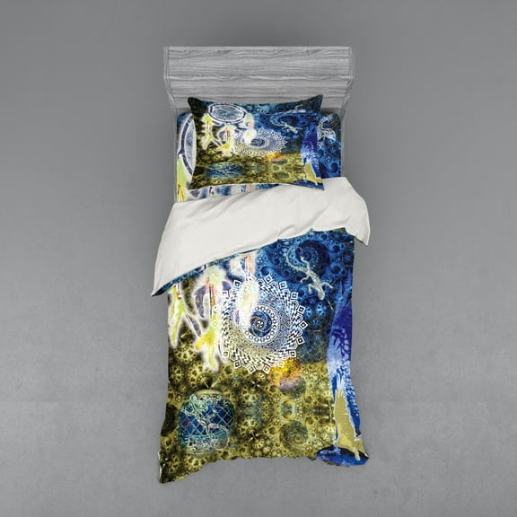 Ambesonne Mandala Bedding Set 3 Pcs, Tribal Lizards Dreamcatcher, Twin, Blue Yellow