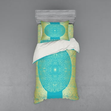 Ambesonne Mandala Bedding Set 3 Pcs, Vibrant Exotic Motifs, Twin, Sky Blue and Yellow