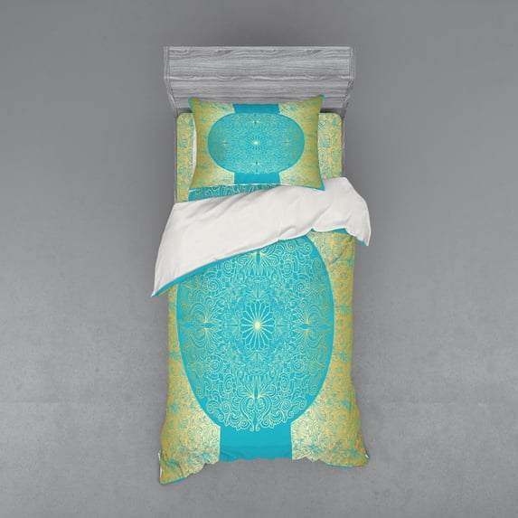 Ambesonne Mandala Bedding Set 3 Pcs, Vibrant Exotic Motifs, Twin, Sky Blue and Yellow