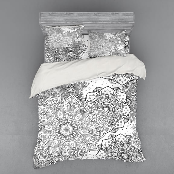 Ambesonne Mandala Bedding Set 4 Pcs, Eastern Lace Floral Image, Queen, White and Grey
