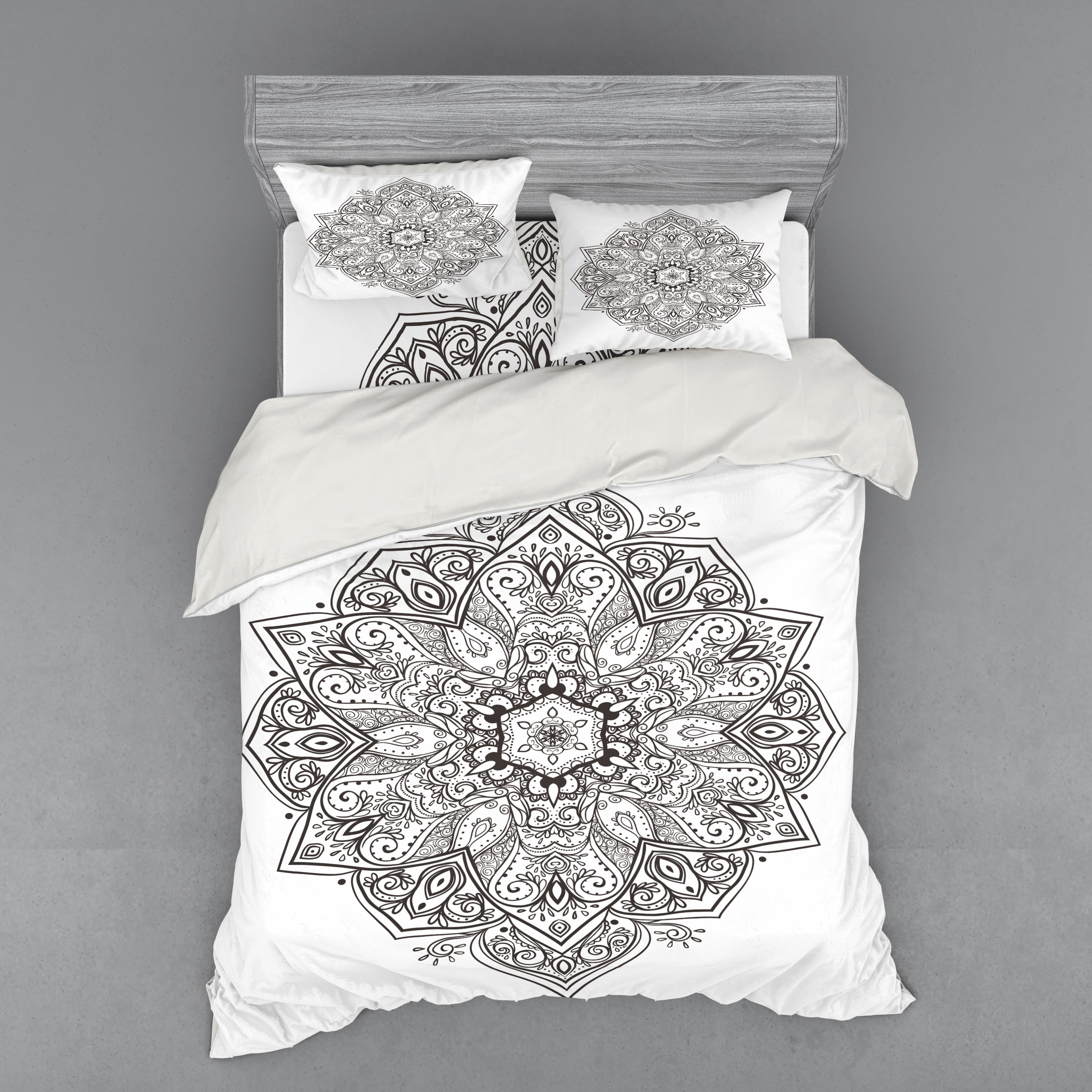 Queen White and Charcoal Mandala Duvet Cover Set
