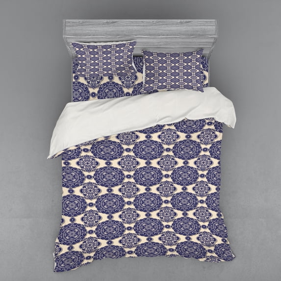 Ambesonne Mandala Bedding Set 4 Pcs, Medieval Exotic Revival, Queen, Beige Navy Blue
