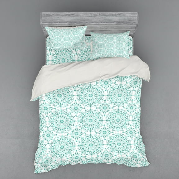 Ambesonne Mandala Bedding Set 4 Pcs, Oriental Swirls, Queen, Aqua and White