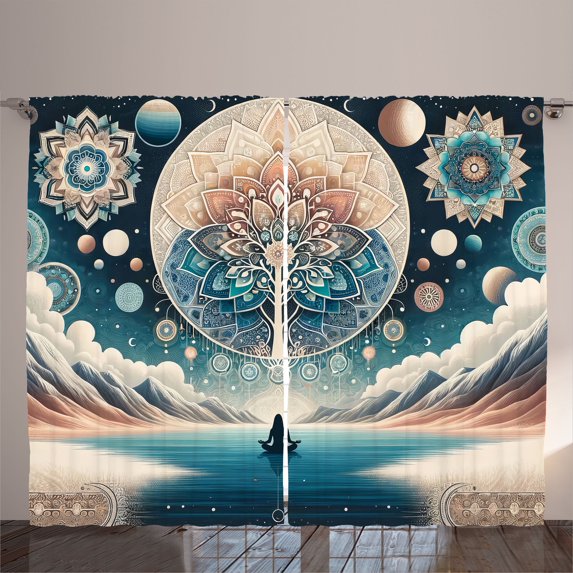 Ambesonne Mandala Curtains 2 Panel Set, Mystic Lands Arcane World, 108" x 96", Dark Turquoise and Peach