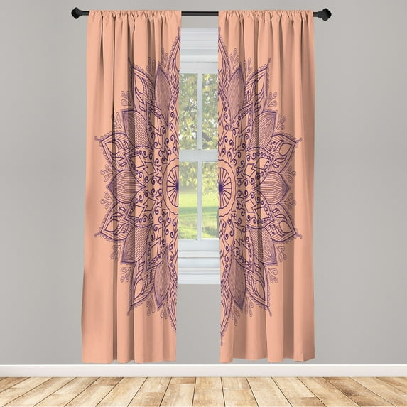 Ambesonne Mandala Curtains, Eastern Retro Lotus Motif, Pair of 28"x63", Salmon Purple