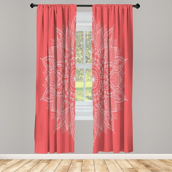 Ambesonne Mandala Curtains, Eastern Retro Lotus Motif, Pair of 28"x84", Coral White