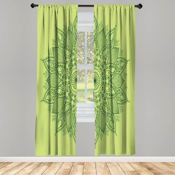 Ambesonne Mandala Curtains, Eastern Retro Lotus Motif, Pair of 28"x84", Pistachio Green