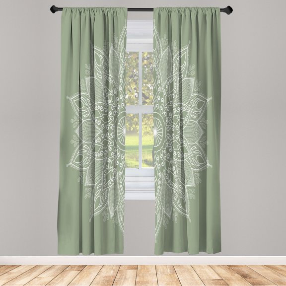 Ambesonne Mandala Curtains, Eastern Retro Lotus Motif, Pair of 28"x84", Reseda Green