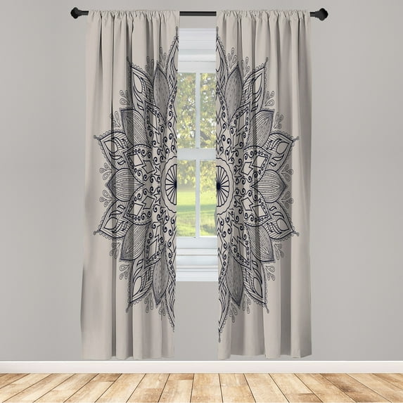 Ambesonne Mandala Curtains, Eastern Retro Lotus Motif, Pair of 28"x84", Taupe Grey