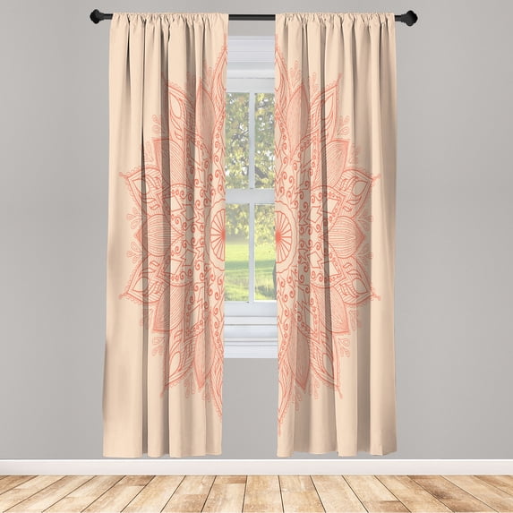 Ambesonne Mandala Curtains, Eastern Retro Lotus Motif, Pair of 28"x95", Peach Salmon