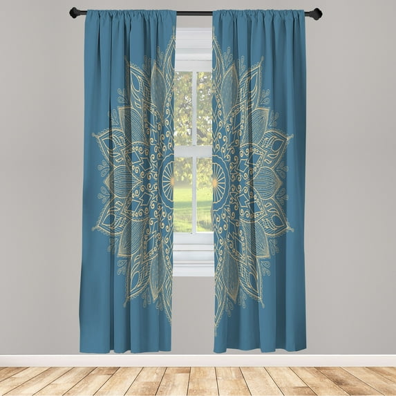Ambesonne Mandala Curtains, Eastern Retro Lotus Motif, Pair of 28"x95", Petrol Blue