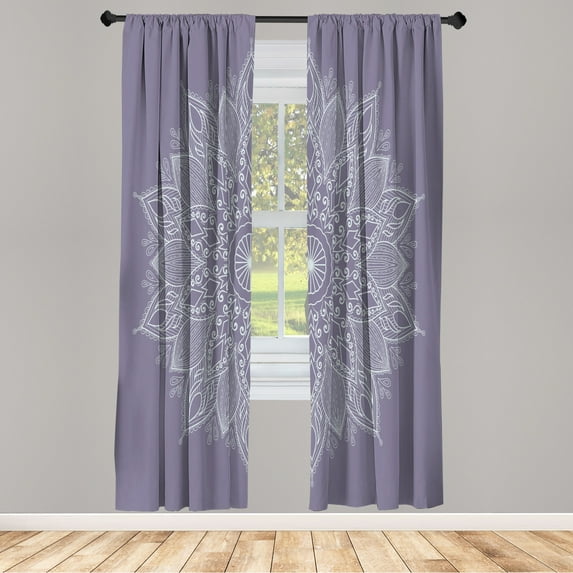 Ambesonne Mandala Curtains, Eastern Retro Lotus Motif, Pair of 28"x95", Purple Grey