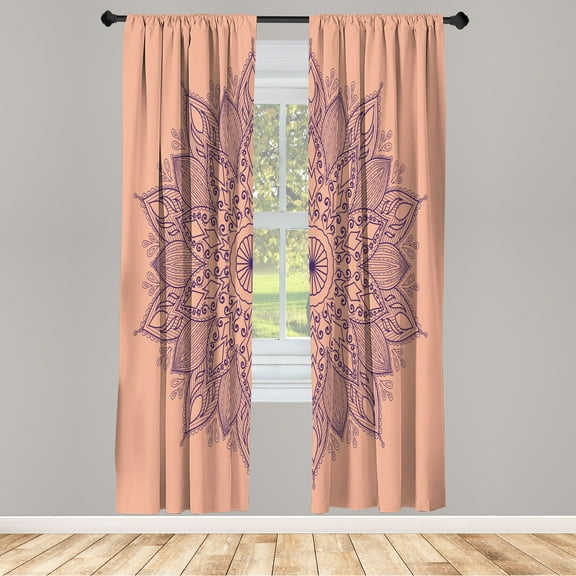 Ambesonne Mandala Curtains, Eastern Retro Lotus Motif, Pair of 28"x95", Salmon Purple