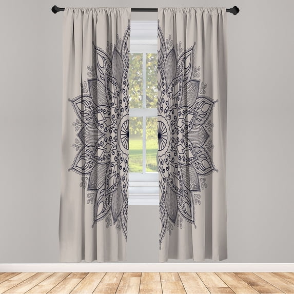 Ambesonne Mandala Curtains, Eastern Retro Lotus Motif, Pair of 28"x95", Taupe Grey