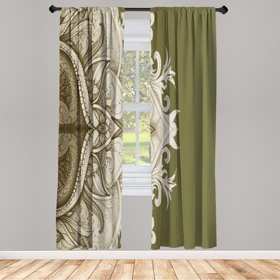 Ambesonne Mandala Curtains, Traditional Floral Lace Art, Pair of 28"x63", Pale Olive