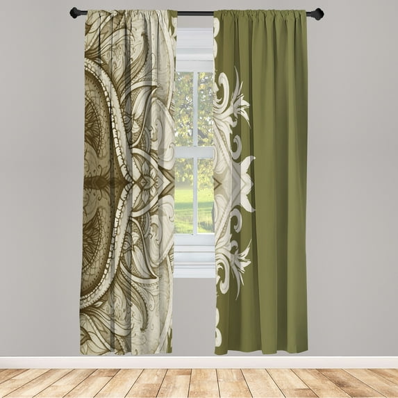 Ambesonne Mandala Curtains, Traditional Floral Lace Art, Pair of 28"x95", Pale Olive