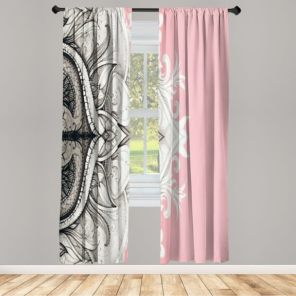 Ambesonne Mandala Curtains, Traditional Lace Floral Art, Pair of 28"x84", Pale Pink