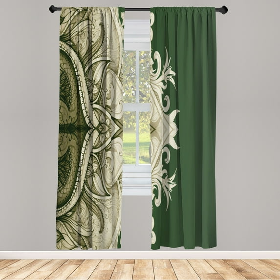 Ambesonne Mandala Curtains, Traditional Lace Floral Art, Pair of 28"x95", Forest Green