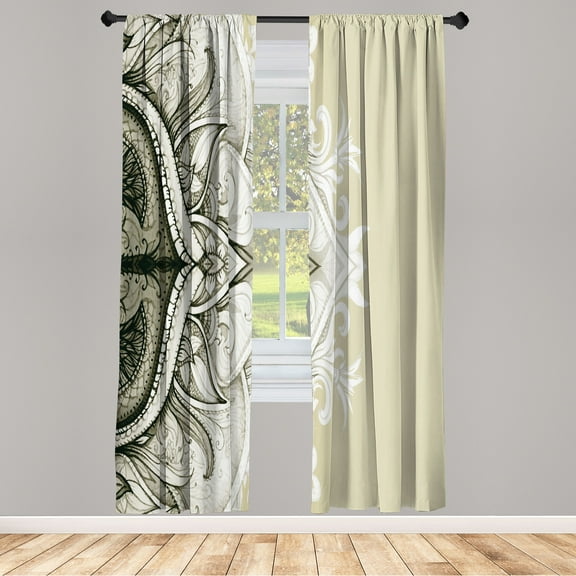Ambesonne Mandala Curtains, Traditional Lace Floral Art, Pair of 28"x95", Taupe Beige