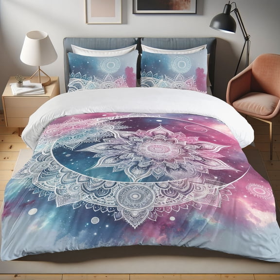 Ambesonne Mandala Duvet Cover Set, Galaxy Oriental Flowers Art, Queen, Pink Blue Grey Sea Blue