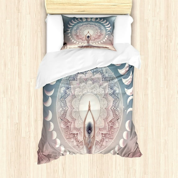 Ambesonne Mandala Duvet Cover Set, Pastel Yoga Lady with Moon, Twin, Pale Pink Blue Grey Tan