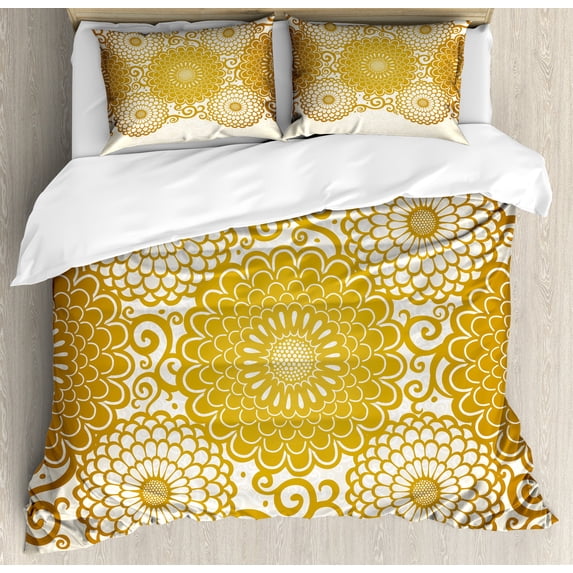 Ambesonne Mandala Duvet Cover Set, Spring Flowers Border, 2-Calking, Eggshell Earth Yellow