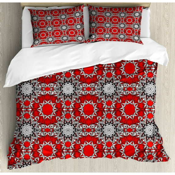 Ambesonne Mandala Duvet Cover Sets, Doodle Flowers Swirls Style, 2-King, Orange White Black