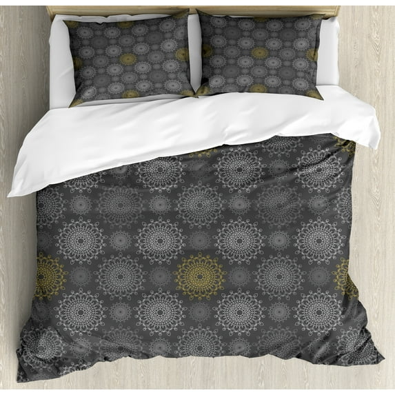 Ambesonne Mandala Duvet Cover Sets, Lace Look Oriental Ethnic, 2-Queen, Grey and Mustard