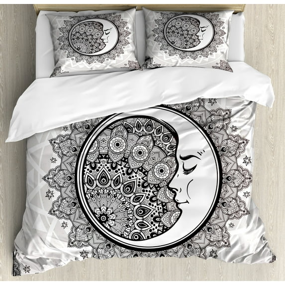 Ambesonne Mandala Duvet Cover Sets, Moon Stars Bohemian Pattern, 2-King, White Beige and Black
