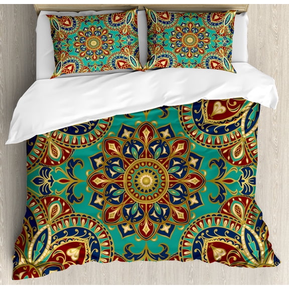 Ambesonne Mandala Duvet Cover Sets, Oriental, 2-King, Teal Indigo Ruby