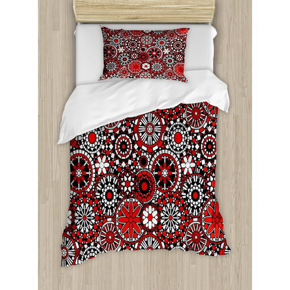 Ambesonne Mandala Duvet Cover Sets, Oriental Flower Mosaic Art, 2-Twin, Orange White Black