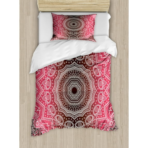 Ambesonne Mandala Duvet Cover Sets, Retro Bohemian Ombre, 2-Twin, Hot Pink and Brown