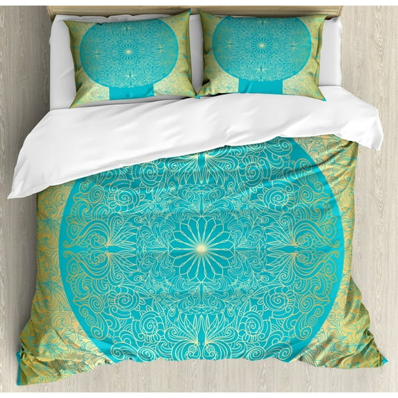 Ambesonne Mandala Duvet Cover Sets, Vibrant Exotic Motifs, 2-King, Sky Blue and Yellow