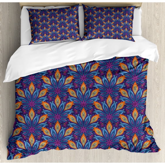 Ambesonne Mandala Duvet Cover Sets, Vibrant Floral Ornate, 2-King, Orange Pale Blue Purple