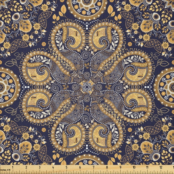 Ambesonne Mandala Fabric by the Yard Microfiber, Eastern Abstract Flora, 5 Yards, Earth Yellow Indigo