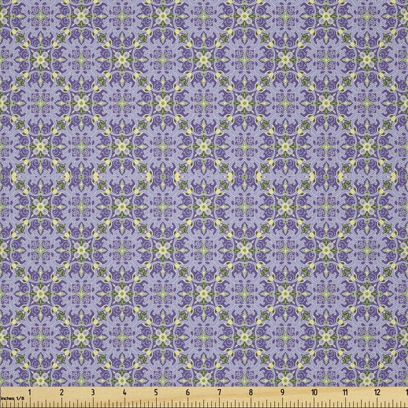 Ambesonne Mandala Fabric by the Yard Microfiber, Ornate Floral Motifs, 2 Yards, Purple Lilac Green