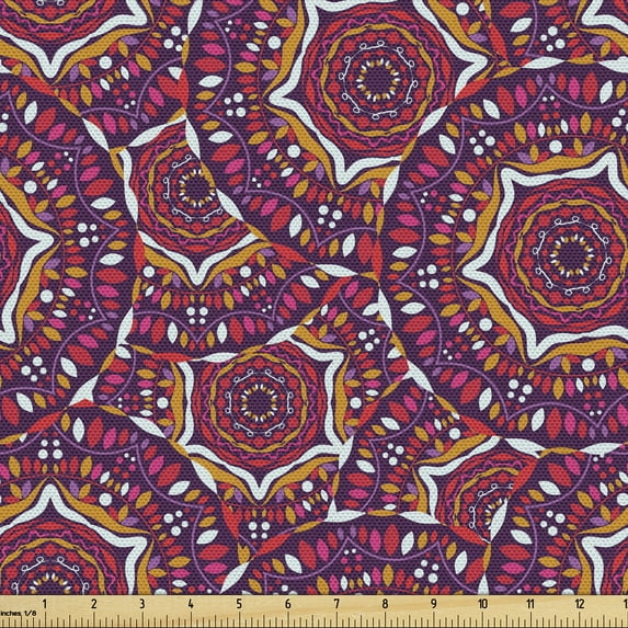 Ambesonne Mandala Fabric by the Yard Upholstery, Colorful Circular Floral, 5 Yards, Dark Yellow Plum Purple