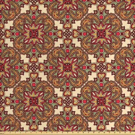 Ambesonne Mandala Fabric by the Yard Upholstery, Flora Leaves, 2 Yards, Pale Orange Dark Coral