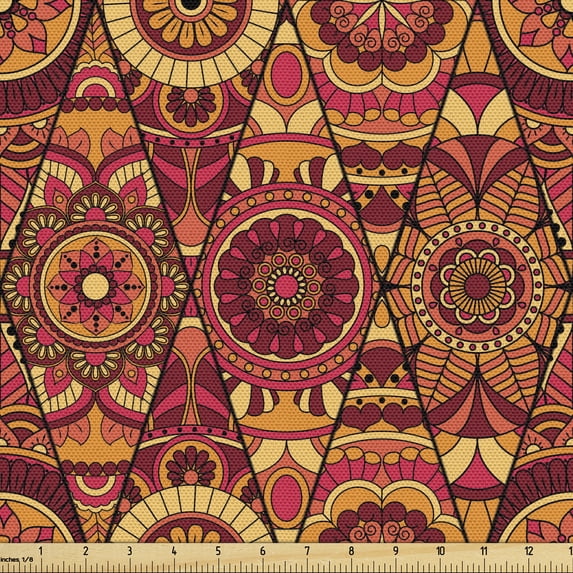 Ambesonne Mandala Fabric by the Yard Upholstery, Floral Boho Geometric, 1 Yard, Multicolor
