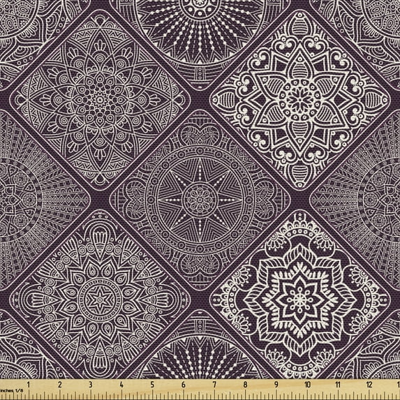 Ambesonne Mandala Fabric by the Yard Upholstery, Frames Vintage Oriental, 1 Yard, Eggplant and White