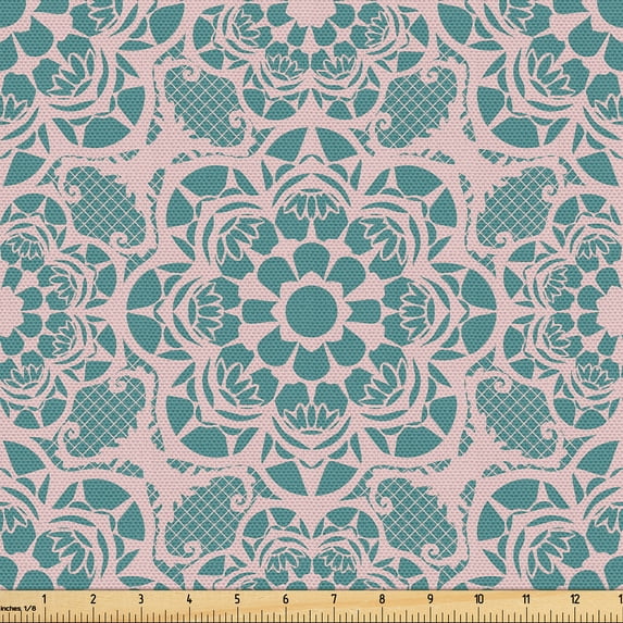Ambesonne Mandala Fabric by the Yard Upholstery, Nostalgic Circle Blooms, 5 Yards, Rose and Dark Cadet Blue