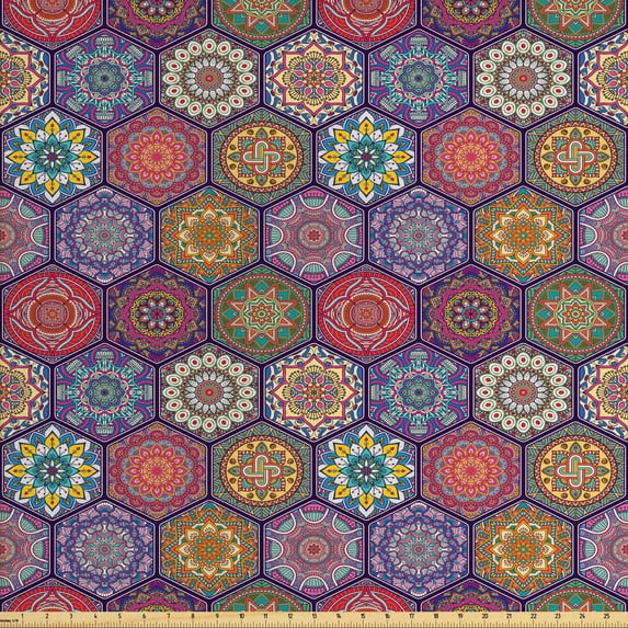 Ambesonne Mandala Fabric by the Yard Upholstery, Oriental Hexagon Motif, 3 Yards, Multicolor
