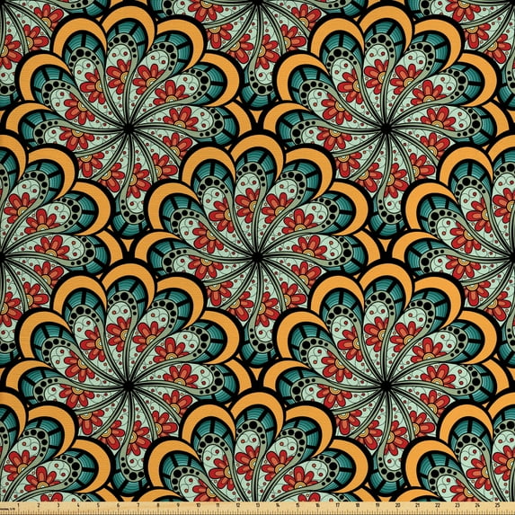 Ambesonne Mandala Fabric by the Yard Upholstery, Tribal Paisley Flowers, 5 Yards, Seafoam Marigold Red