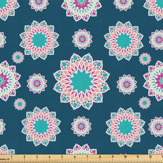 Ambesonne Mandala Fabric by the Yard Upholstery, Vintage Circular Flora Art, 10 Yards, Dark Teal and Pale Fuchsia