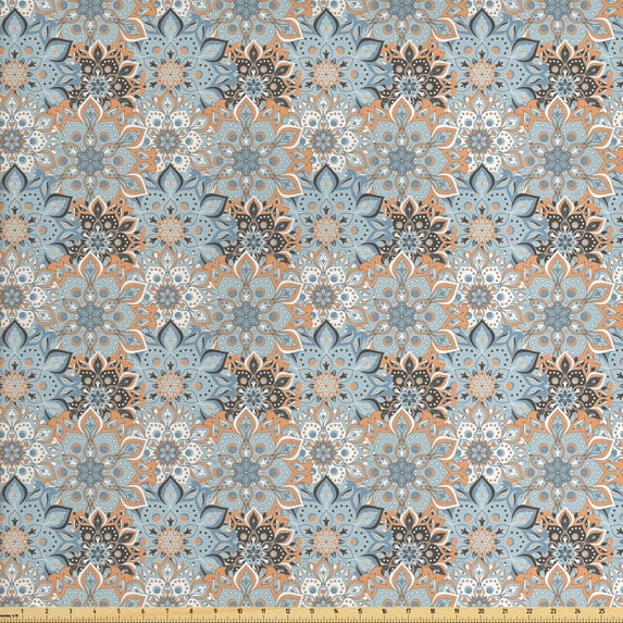 Ambesonne Mandala Fabric by the Yard Upholstery, Vintage Style Flourish, 3 Yards, Pale Orange Blue Black