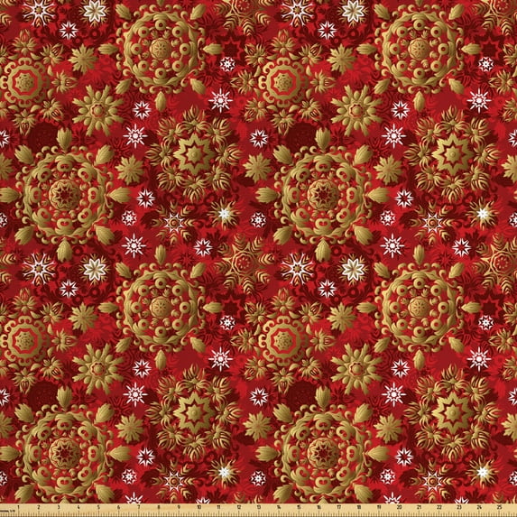 Ambesonne Mandala Fabric by the Yard Upholstery, Xmas Flora Ornament Design, 10 Yards, Earth Yellow Vermilion